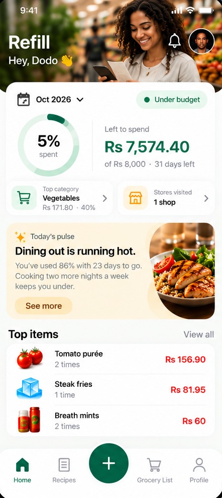 Refill home screen with monthly budget